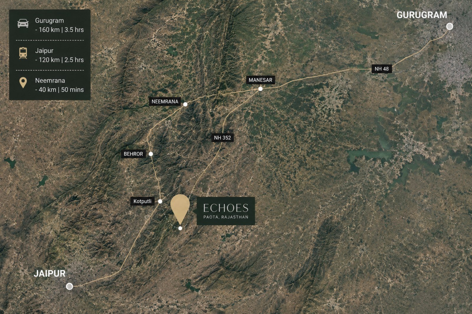 Map showing Echoes Farmhouses in Paota, Rajasthan, with routes and distances to Gurugram, Delhi, Jaipur and Neemrana